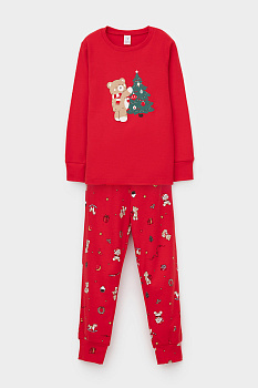 К 1541_насыщенно-красный, мишки на празднике Пижама